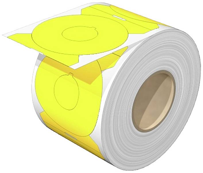Rolle mit gelben Papieretiketten, bereit zum Bedrucken.