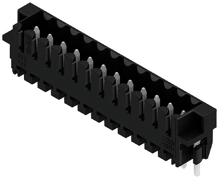 Ein schwarzer, rechteckiger elektrischer Steckverbinder mit mehreren Metallkontakten, geeignet für elektronische Schaltungen.