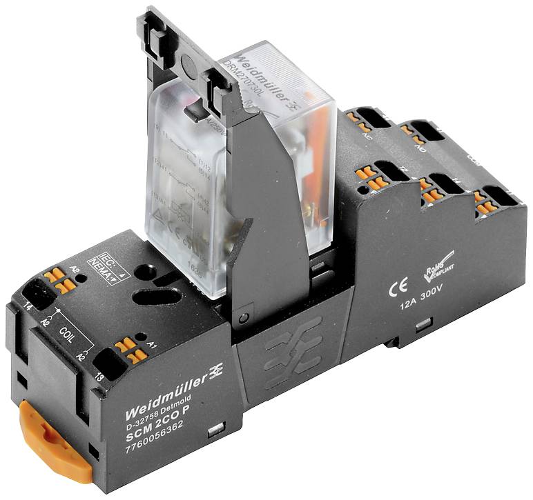 Ein elektrisches Relaismodul von Weidmüller mit transparentem Gehäuseeinsatz, schwarzen Anschlüssen und orangenen Bedienungselementen.