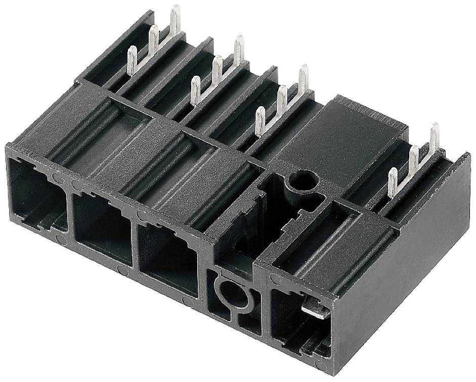 Schwarzer elektronischer Steckverbinder mit mehreren metallischen Pins, geeignet für den Anschluss und die Verbindung elektrischer Schaltkreise.