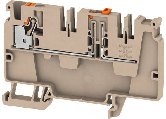 Klemme für elektrische Verdrahtung, seitliche Ansicht. Beige Kunststoffhülle mit Metallteilen, orange Hebel für einfache Verbindung.