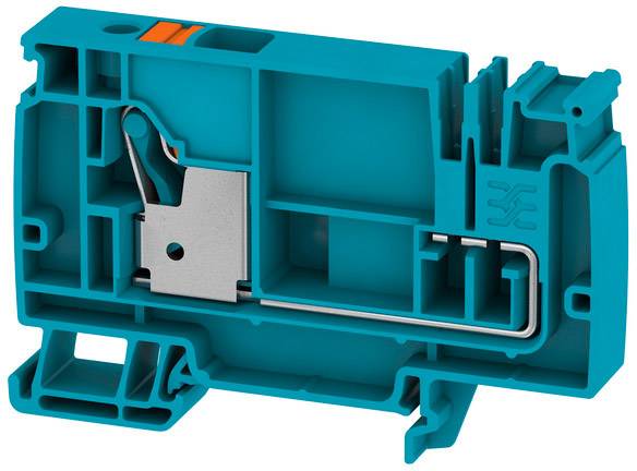 Ein blauer Kunststoff-Steckverbinder mit sichtbaren Metallklemmen und einem orangefarbenen Bedienelement ist abgebildet.