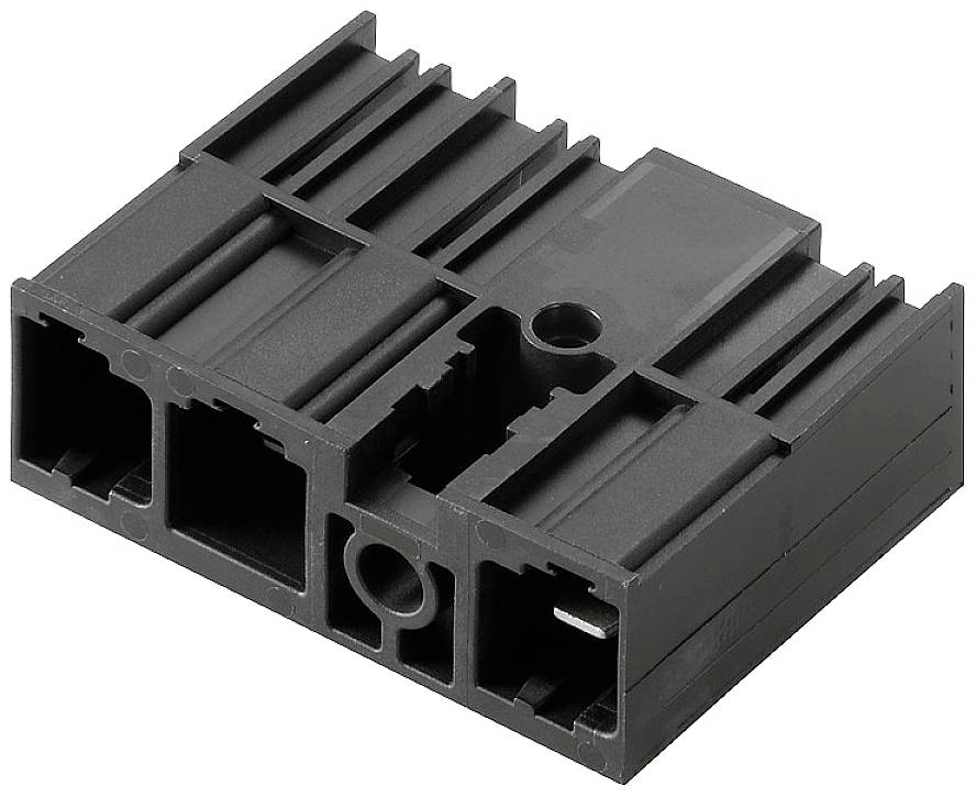 Schwarze, rechteckige Kunststoffverbindungskomponente mit mehreren Anschlussöffnungen, geeignet für elektrische Anwendungen.