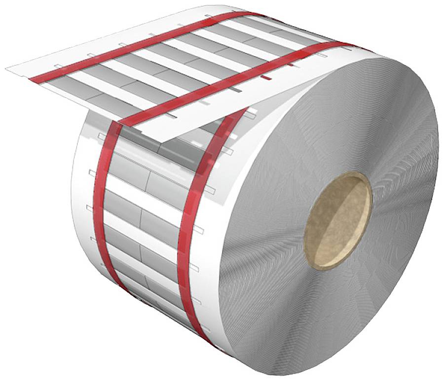 Eine große Rolle grauen Materials mit roten Streifen zeigt einen Produktionsprozess.