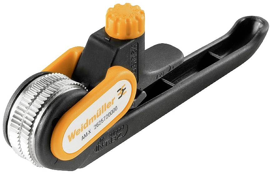 Ein orange-schwarzes Abisolierwerkzeug mit dem Logo 'Weidmüller' auf der Seite. Es hat einen geriffelten Griff und Drehknopf.