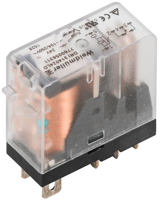 Ein transparentes Relais mit schwarzen und metallischen Kontakten, verwendet zur Steuerung elektrischer Schaltungen.