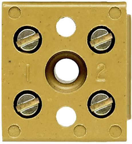 Braunes quadratisches Kunststoffteil mit fünf Löchern und vier Metallschrauben, nummeriert '1' und '2'.