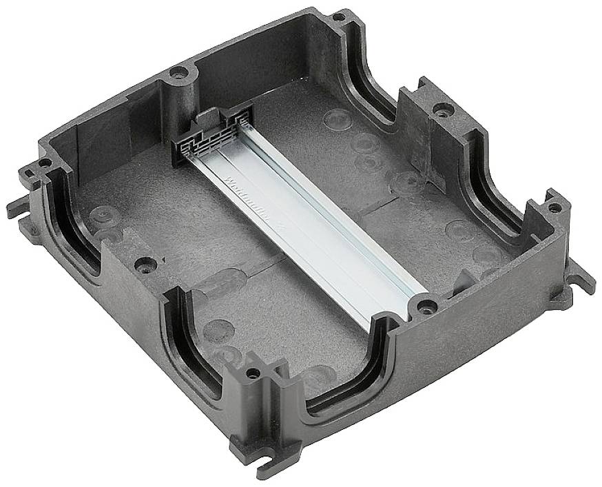 Schwarze Kunststoffhalterung mit rechteckiger Form und sechs Befestigungspunkten. In der Mitte eine längliche Metallschiene.
