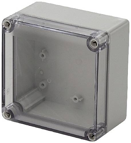 Ein rechteckiges, graues Kunststoffgehäuse mit transparentem Deckel und Schrauben an den Ecken, geeignet für den Schutz von Elektronik.