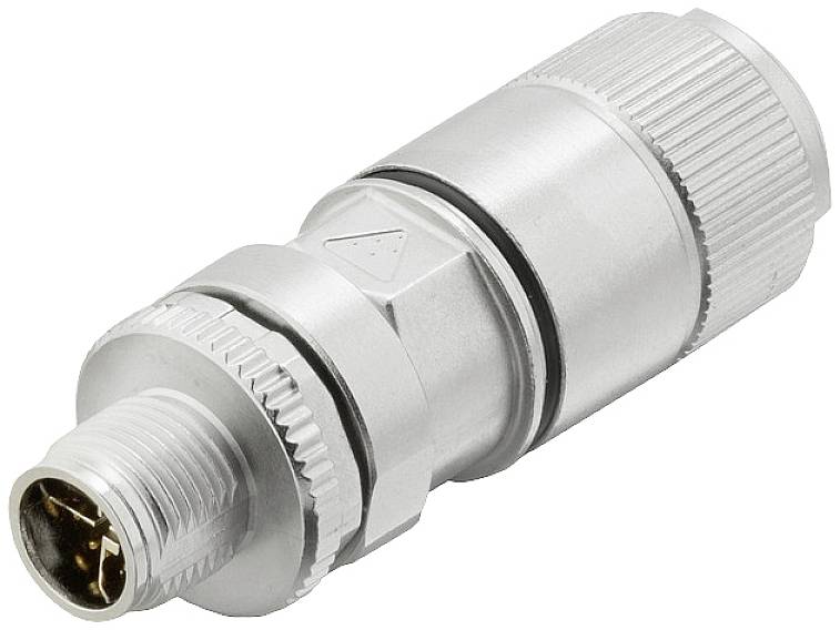 Ein silberner, zylindrischer Stecker mit geriffeltem Gehäuse und Mehrpolanschluss. Wird oft in technischen Geräten verwendet.