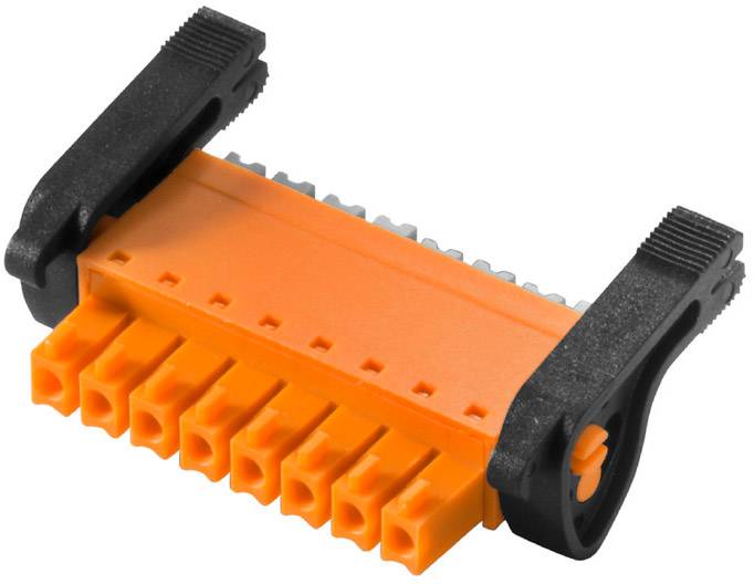 Ein orangefarbener elektrischer Steckverbinder mit schwarzen Clips an beiden Enden, geeignet für die Verbindung von mehreren Kabeln.
