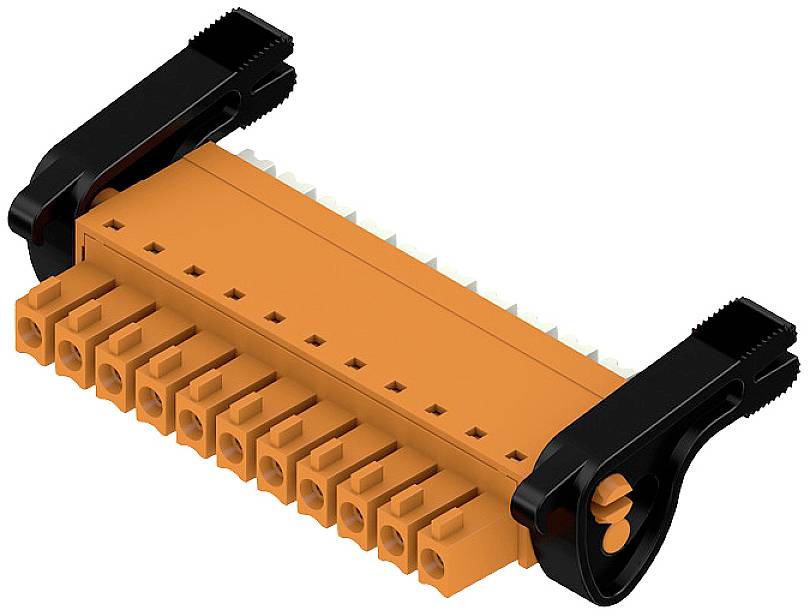 Ein orangefarbener Stecker mit zehn Anschlüssen und schwarzen Clips an den Enden, zur Verbindung elektronischer Komponenten.