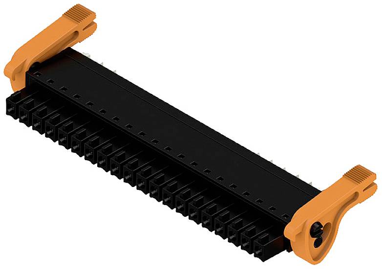 Schwarzer Steckverbinder mit orangefarbenen Klammern an beiden Enden, geeignet für elektronische Verbindungen in Platinen und Geräten.