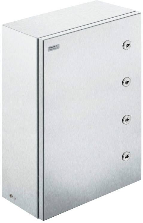Ein rechteckiger, metallischer Schaltschrank mit vier verriegelbaren Schrauben an der Seite, geeignet für Elektronikverbindungen.