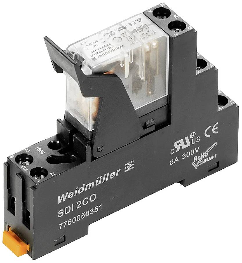 Relaismodul von Weidmüller mit Angaben zur Spannung (300V), Stromstärke (8A) und Normenkennzeichnungen.