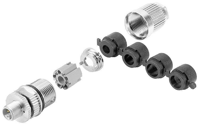 Zerlegter elektrischer Steckverbinder mit metallischem Gehäuse, Isolator, vier schwarzen Dichtungen und Verschraubungsteilen.