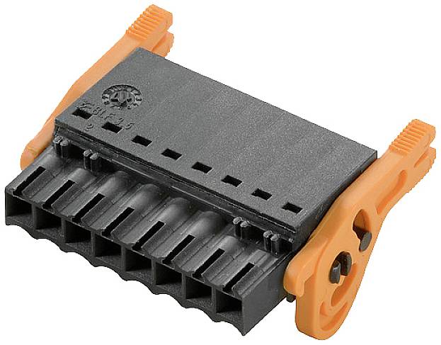 Ein schwarzer elektrischer Steckverbinder mit acht Anschlüssen und zwei orangefarbenen Hebeln an den Seiten, zur sicheren Verbindung von Drähten.