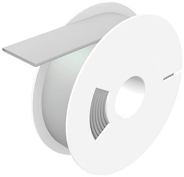 Eine weiße Rolle mit einem schmalen Band aus Kunststoff oder Metall, möglicherweise ein Bestandteil eines technischen Geräts.