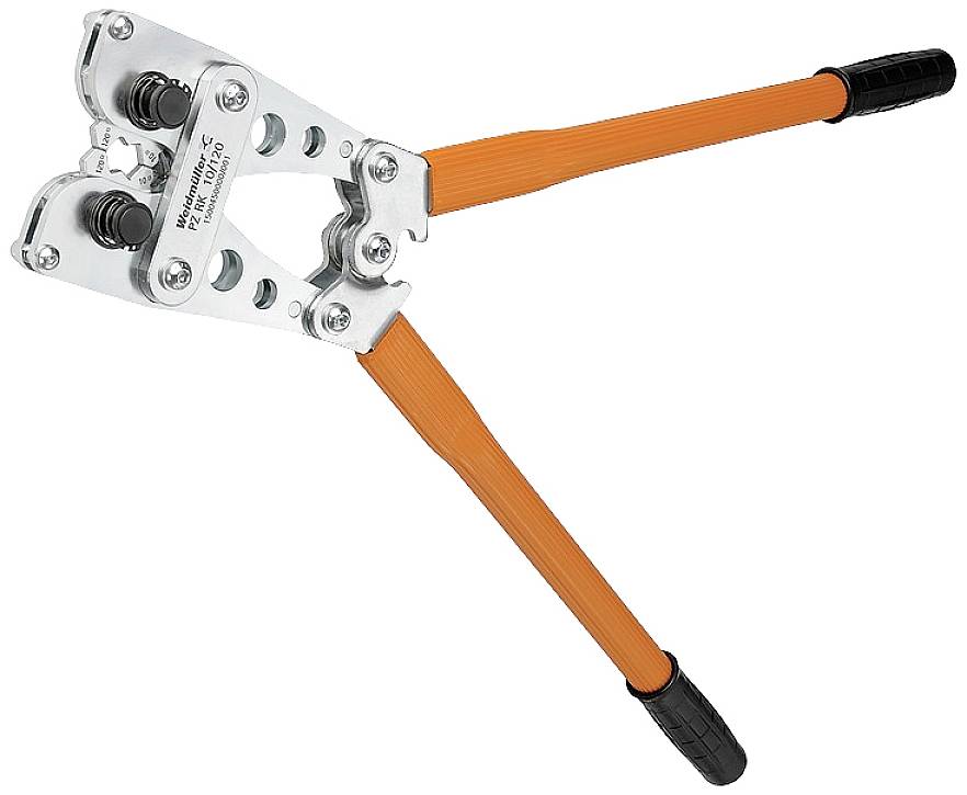 Eine silberne Crimpzange mit langen orangefarbenen Griffen, geöffnet in V-Form. Sie dient zum Verbinden von Kabeln und Steckern.