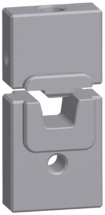 Ein graues, mechanisches Bauteil aus zwei zusammensetzbaren Teilen mit rechteckigen Formen und runden Löchern, zur Verbindung konzipiert.