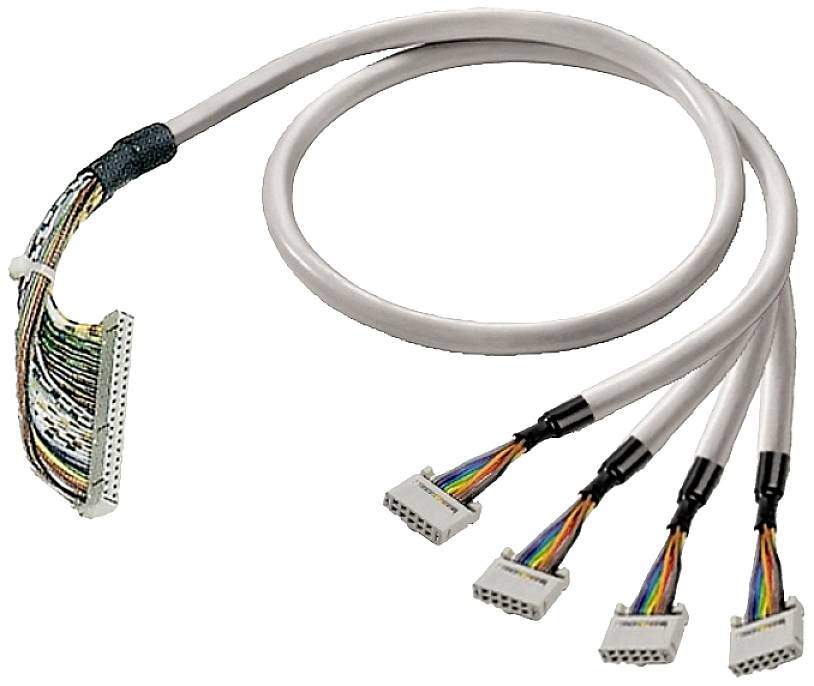 Kabel mit mehreren Steckern: Ein Hauptstecker verbindet sich mit vier farbigen kleineren Steckern. Geeignet für elektronische Schnittstellen.