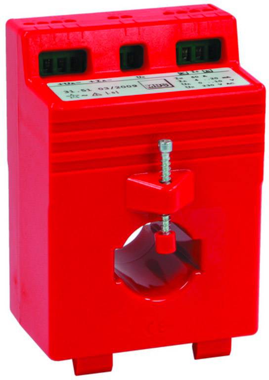 Roter elektrischer Stromwandler für Messzwecke. Oben Anzeige und Anschlüsse. Geeignet zur Energieüberwachung und -verteilung.