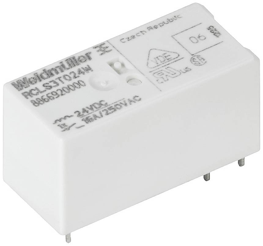 Ein weißes Weidmüller-Relais, Modell RCL-S 3 T024, zeigt technische Daten wie 24VDC, 8A/250VAC und Prüfzeichen auf der Oberfläche.