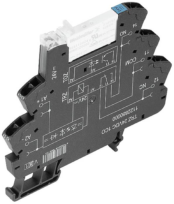 Elektronisches Relaismodul mit schematischer Schaltplanbeschriftung auf der Oberfläche, zeigt Anschlüsse und Funktionen.