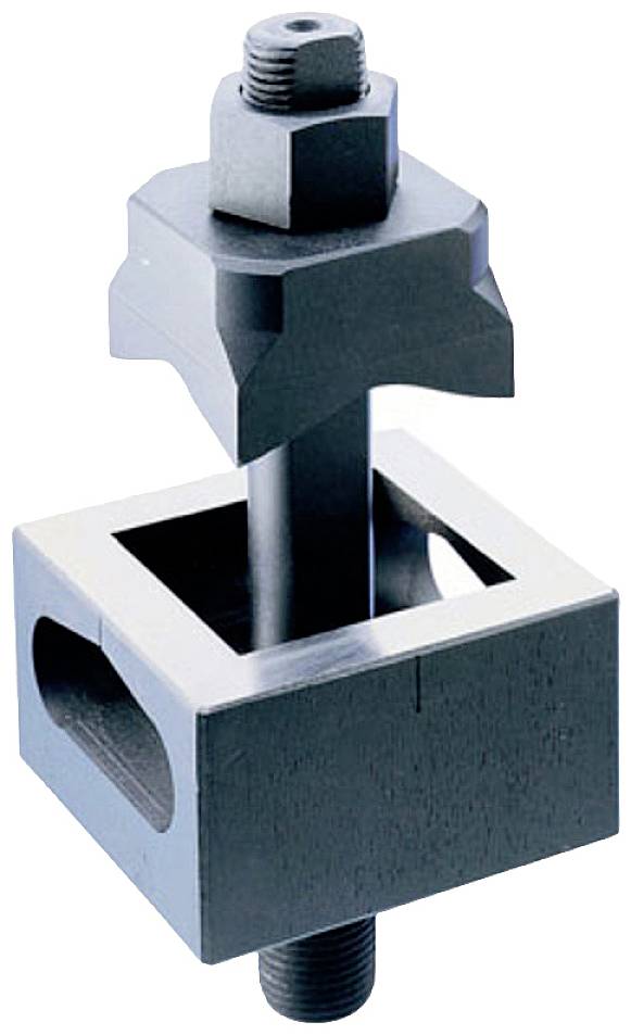 Ein metallisches Werkzeugteil mit quadratischem Grundkörper und herausragendem Gewindebolzen oben und unten.