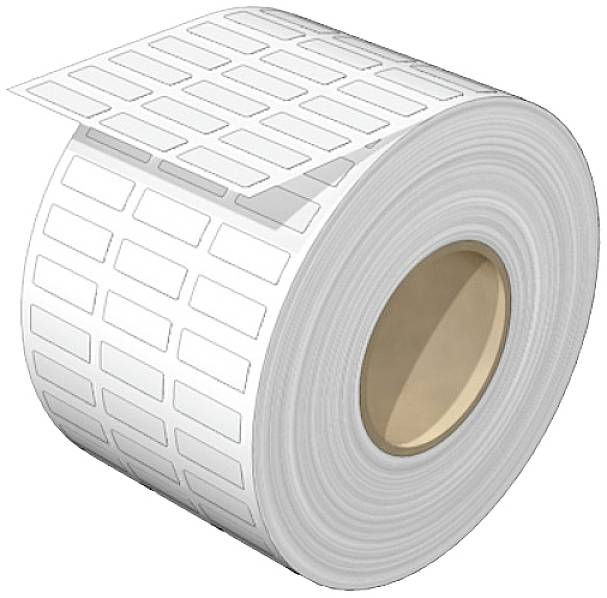 Eine Rolle weißer Etiketten mit abgerundeten Ecken auf einem dicken Pappkern, bereit zum Bedrucken und Verwenden.
