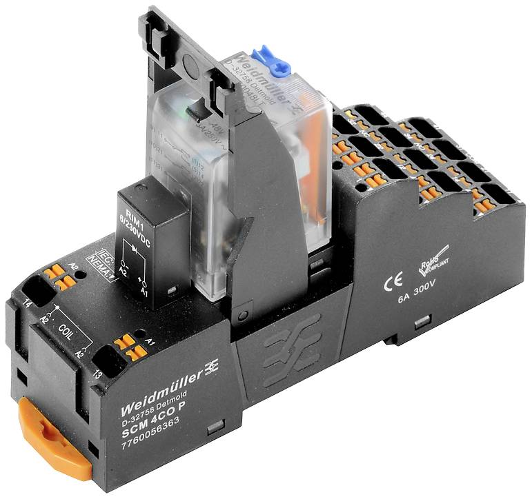 Weidmüller Relaismodul mit klarer Kunststoffabdeckung und orangefarbenen Anschlüssen. Geeignet für 6A, 300V Anwendungen.