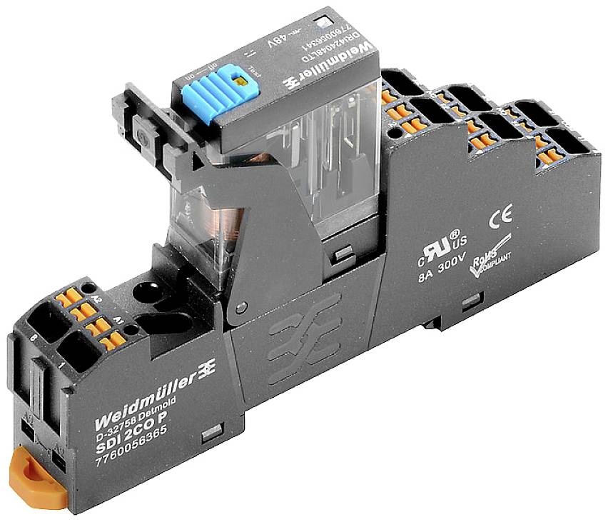Relaismodul von Weidmüller mit orangen Klemmanschlüssen und transparentem Gehäuse für elektrotechnische Anwendungen.