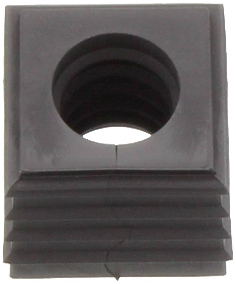 Ein schwarzes, rechteckiges Bauteil mit einer zentralen, kreisförmigen Öffnung und gerillter Oberfläche, möglicherweise ein Maschinenteil.