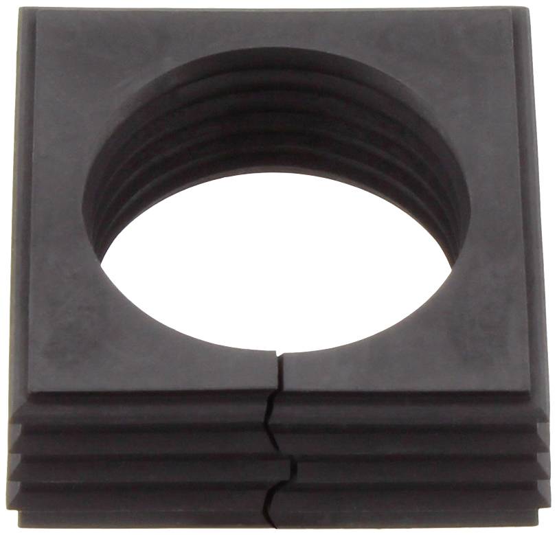 Schwarzes, quadratisches Kunststoffteil mit mittig platziertem, runden Loch. Der Rand des Lochs weist konzentrische Rillen auf.