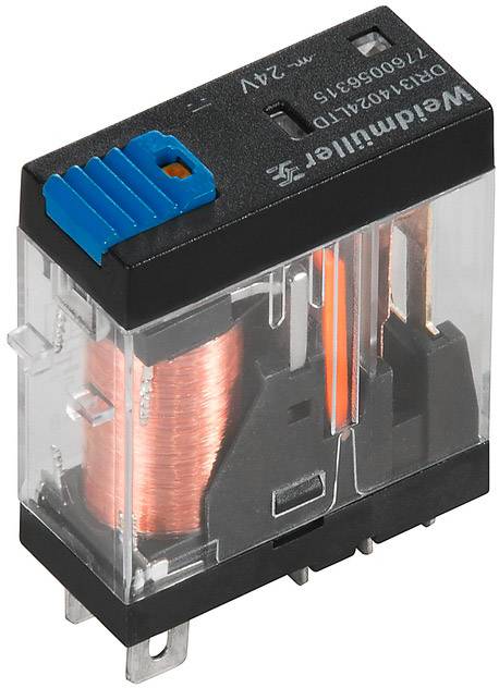 Ein elektrisches Relais mit durchsichtigem Gehäuse zeigt eine Kupferspule und Metallkontakte. Oben steht 'Weidmüller, 24V'.