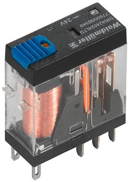 Ein Weidmüller-Relais mit durchsichtiger Abdeckung, Kupferspule und mehreren Metallanschlüssen, für elektrische Schaltungen geeignet.