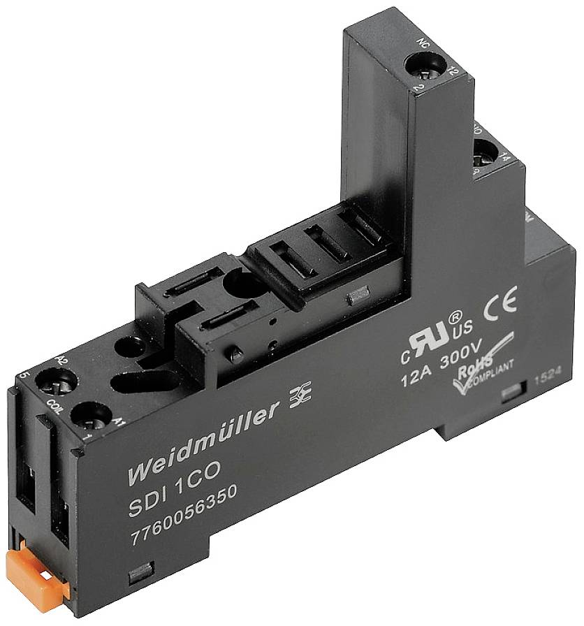 Ein schwarzes Weidmüller SDI 1C0 Relais mit Aufdruck '12A 300V' und diversen Zertifizierungen.