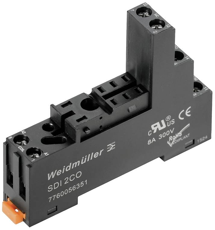 Elektrisches Steckrelais-Modul von Weidmüller, Modell SDI 2CO, schwarz, mit Anschlüssen, geeignet für 8A, 300V.