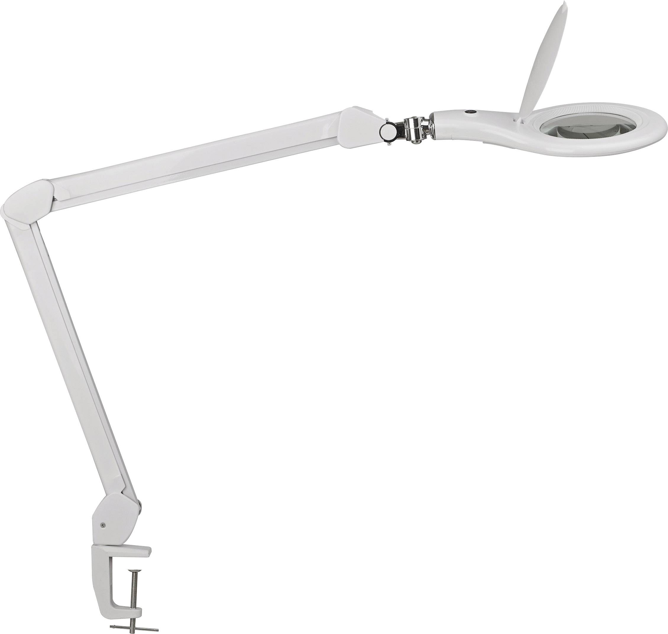 Schwenkbare weiße Lupenlampe mit Klemme zur Befestigung an einer Tischkante. Geeignet zum Vergrößern kleiner Details beim Arbeiten.