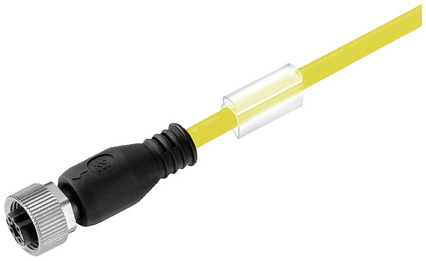 Ein gelbes Ethernet-Kabel mit einem schwarzen, runden Stecker und einer silbernen Metallverschraubung an einem Ende.