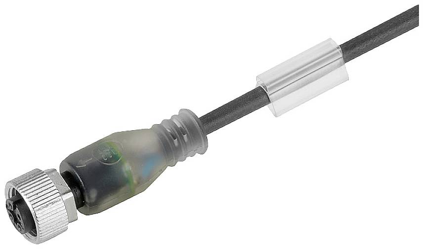 Schwarzes Elektronikkabel mit durchsichtigem und metallischem Anschlussstecker, geeignet für industrielle elektrische Verbindungen.