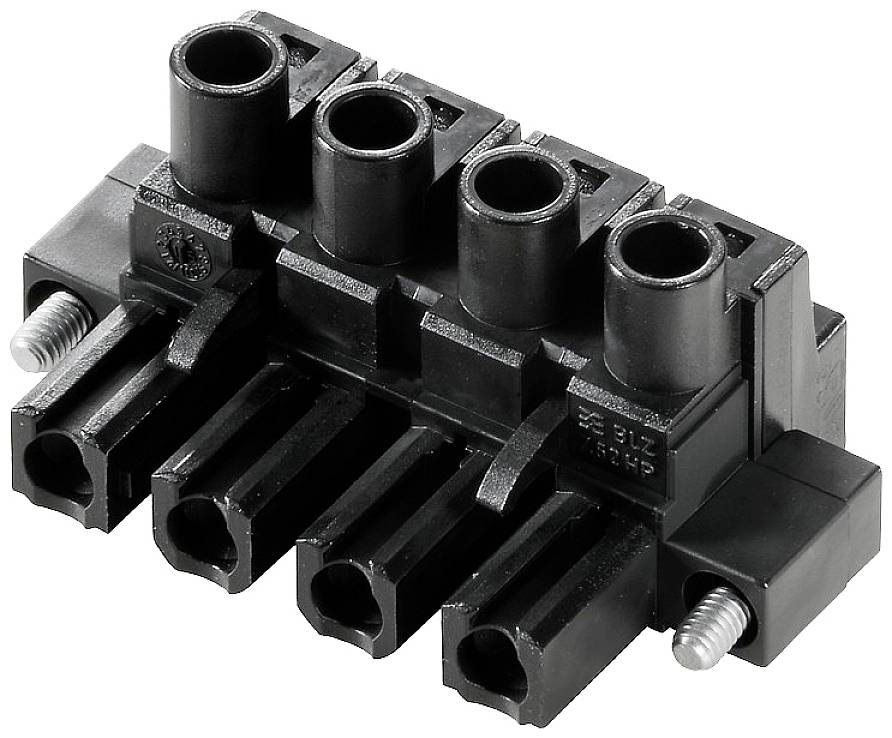 Ein schwarzer Kunststoffstecker mit vier Anschlussöffnungen und zwei Schrauben an den Seiten zur Befestigung von elektrischen Leitungen.