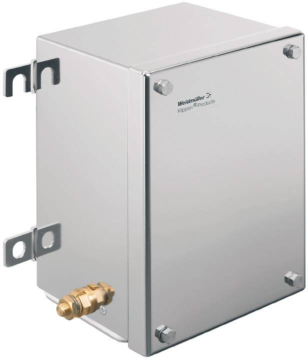 Metallisches Gehäuse mit Beschriftung 'Weidmüller Klippon Products'. enthält Anschlüsse und Montagemöglichkeiten.