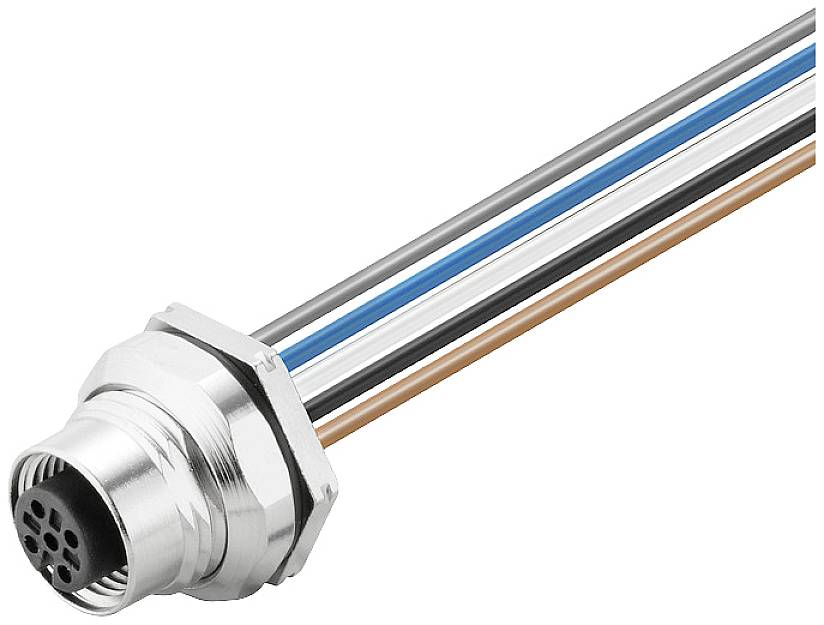 Industrieller Stecker mit mehreren farbcodierten Kabeln für technische Anwendungen.