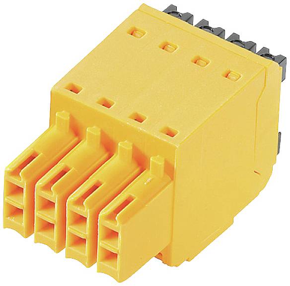 Ein gelber elektrischer Steckverbinder mit vier Steckplätzen und mehreren Kontaktstiften, geeignet für industrielle Anwendungen.