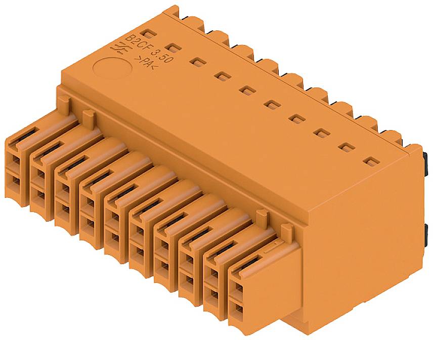 Ein orangener elektrischer Steckverbinder mit mehreren Anschlüssen, geeignet zur Verbindung von Kabeln in elektrischen Anwendungen.