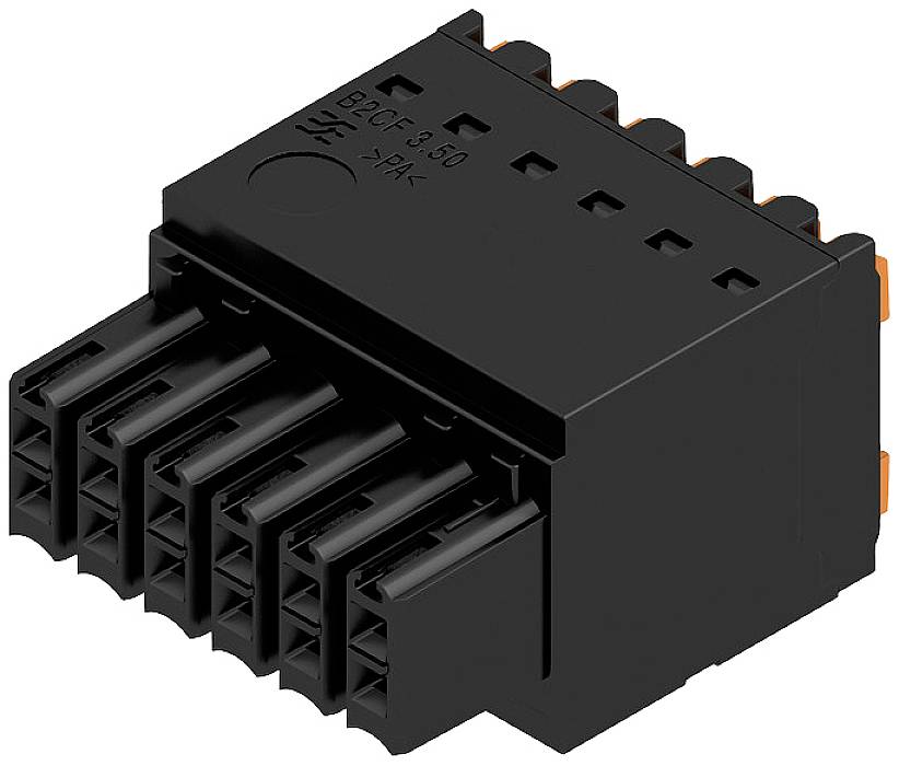 Ein schwarzer elektrischer Steckverbinder mit mehreren Pins, seitlicher Ansicht.