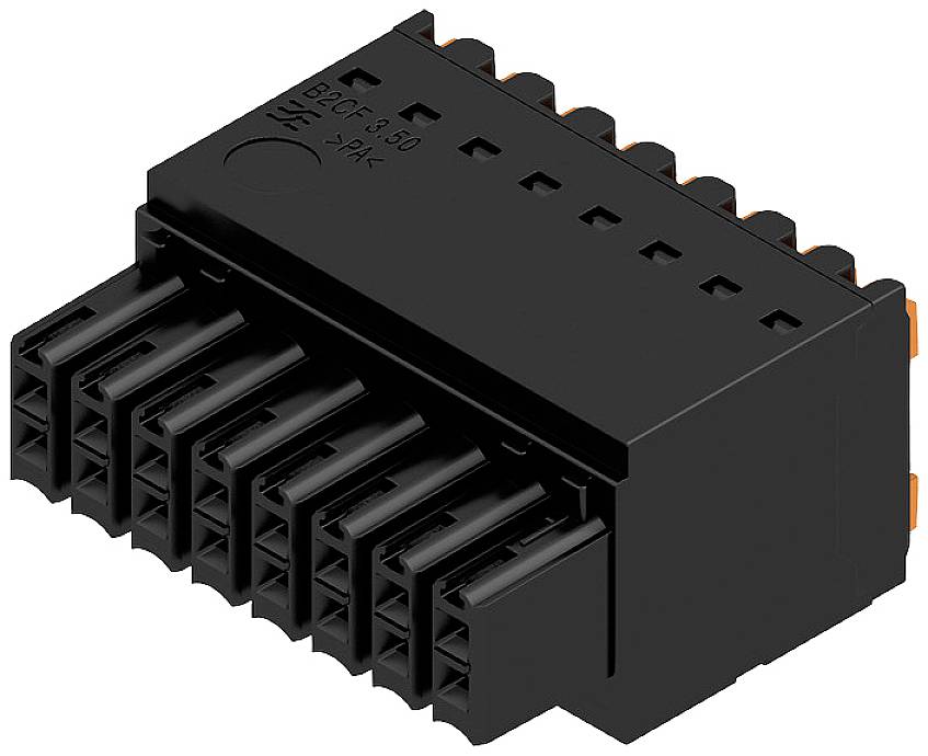 Schwarzer elektrischer Steckverbinder mit mehreren Kontakten, seitliche Ansicht. Geeignet für industrielle Anwendungen und Kabelverbindungen.