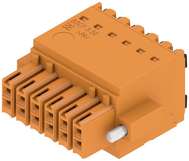 Orange Steckverbinder mit mehreren Buchsen, rechteckige Form, markiert mit 'B2CF 3.50'. Für elektrische Verbindungen geeignet.