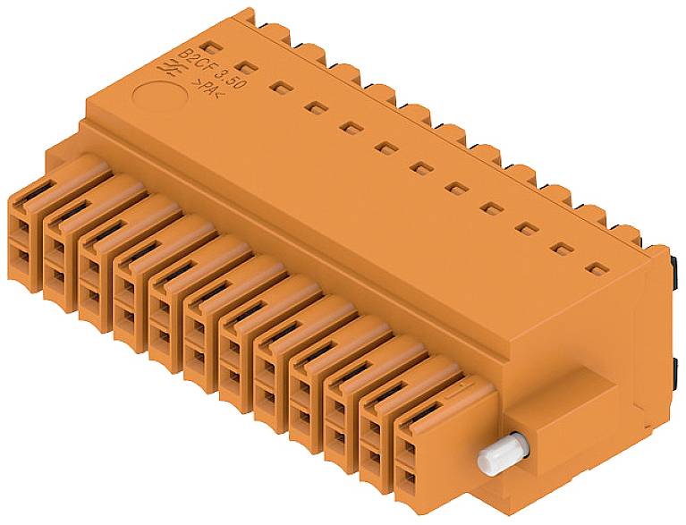 Oranger Steckverbinder mit mehreren Steckplätzen und einem weißen Hebel, verwendet für elektrische Verbindungen in Schaltschränken.